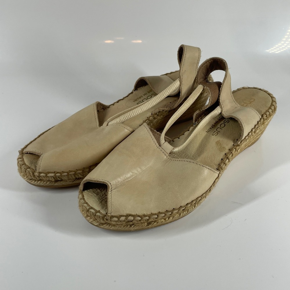 10 Andre Assous Beige Leather Espadrille Wedge Sandals Peep Toe Dainty Tan Boho